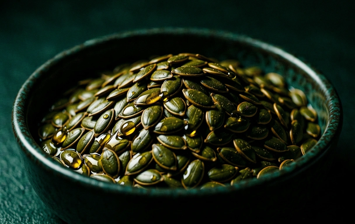 Macro view of cold-pressed pumpkin seeds